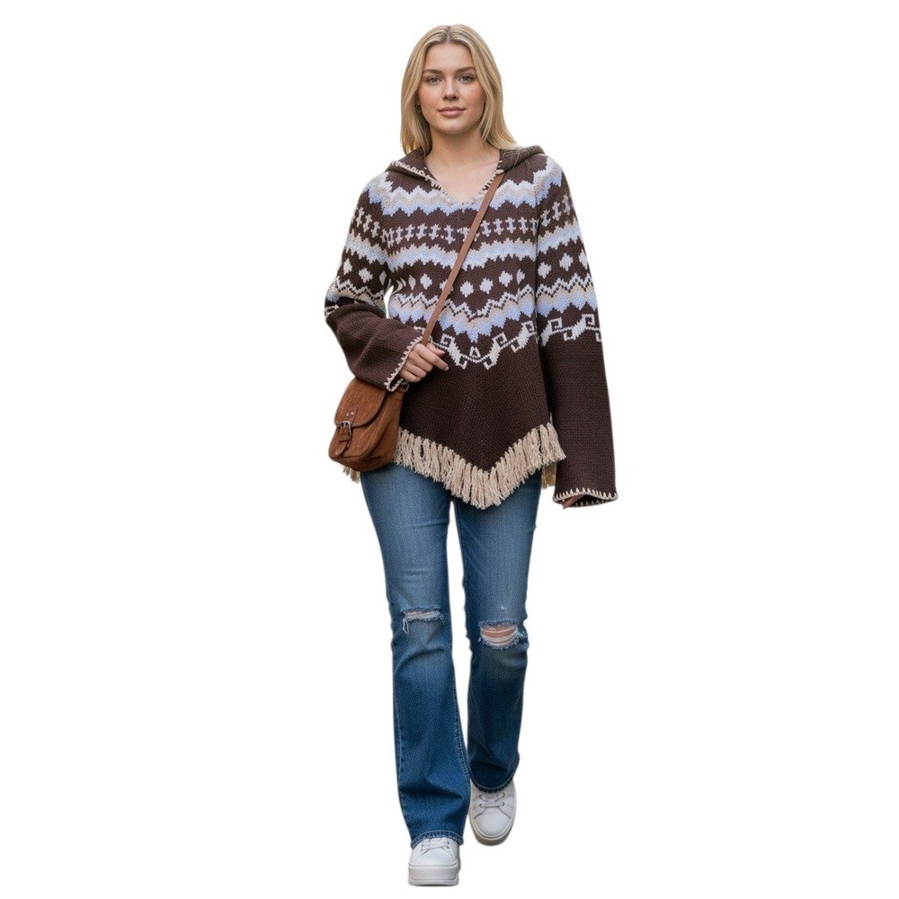 Y2k Vintage Arizona Women's Size Medium Fair Isle Hooded Fringe Poncho Sweater
